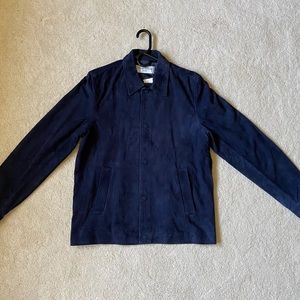 Officine Generale indigo blue suede bomber jacket